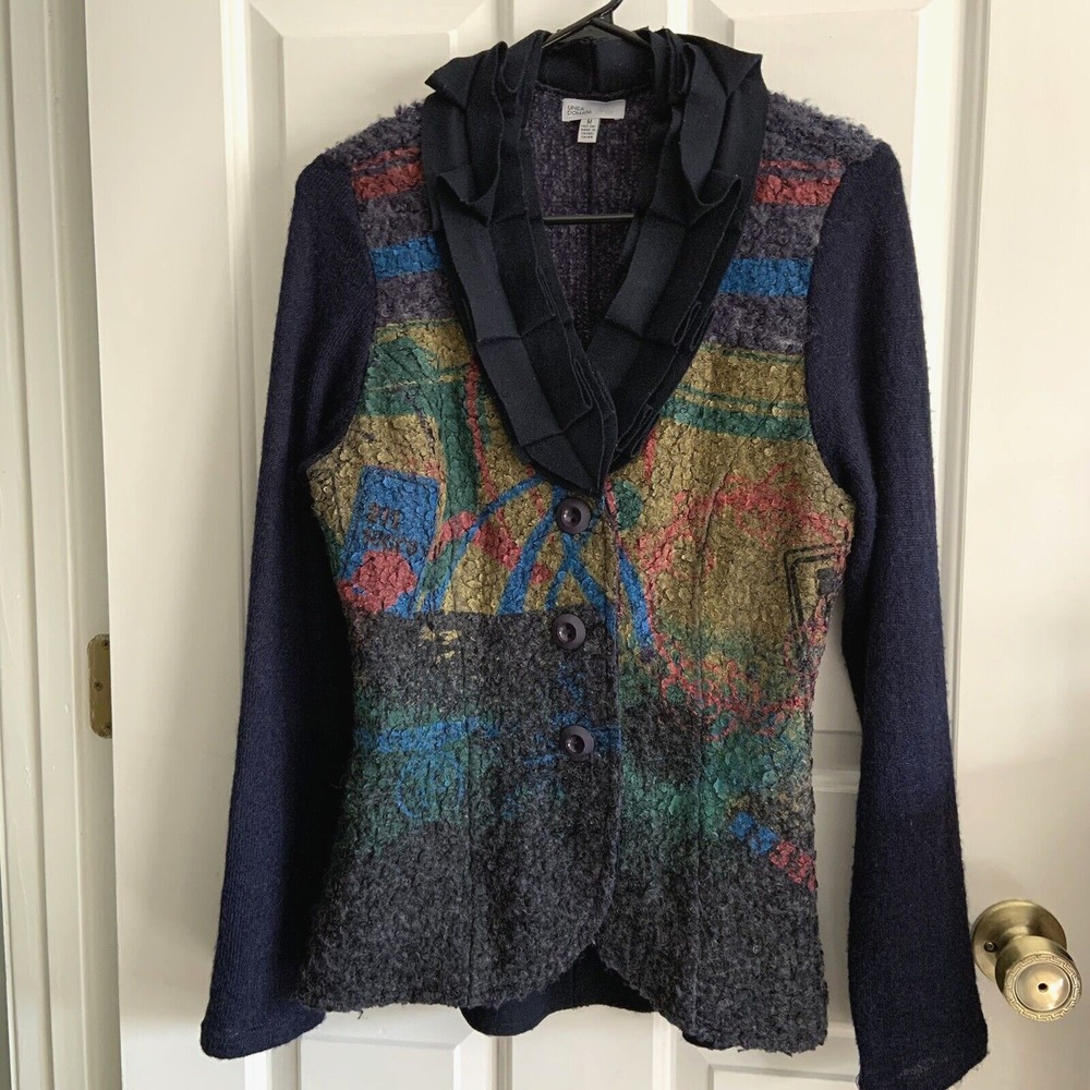 Linea Domani Painted sweater Cardigan Knit Blazer Ruffle Collar wool band sz M